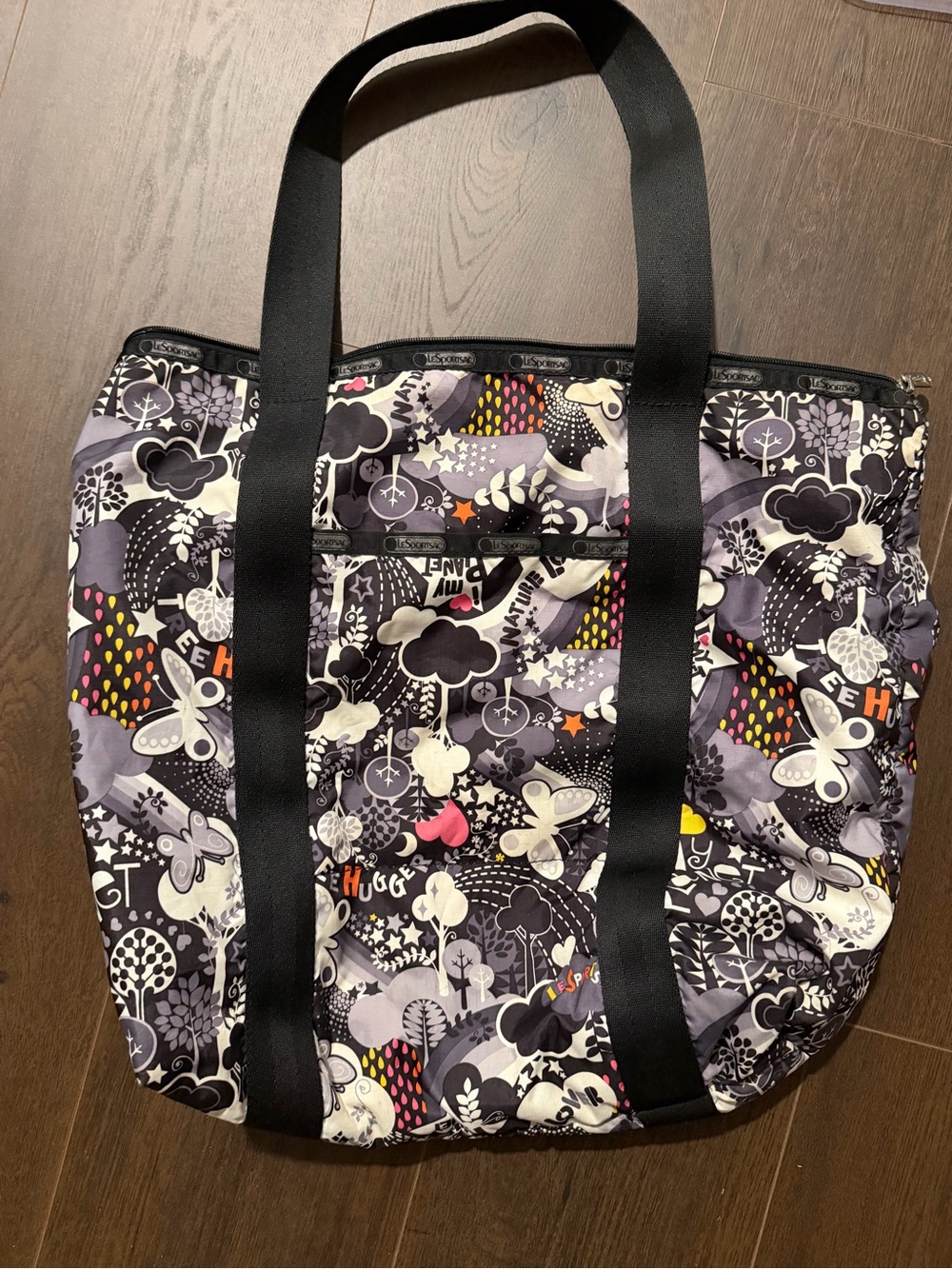 LeSportsac Black and Purple Graphic Print Tote with Multicolor Accents
